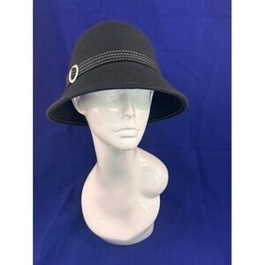 Vintage Black Wool Cloche Hat Bucket Hat with Contrast Stitching